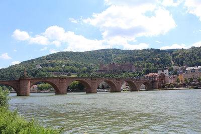 Bridge over river against cloudy sky