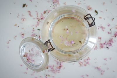 High angle view of drink in jar on table