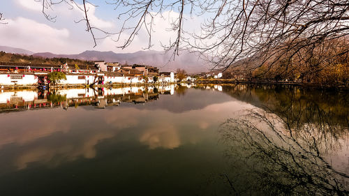 Reflection of trees in lake against sky in city