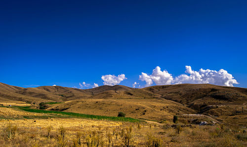 Scenic view of field and mountains against blue sky