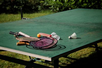 High angle view of racket and shuttlecock