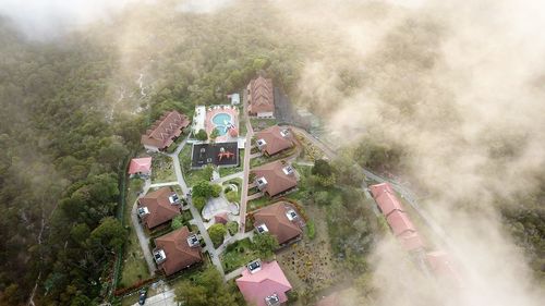 High angle view of houses on field by trees