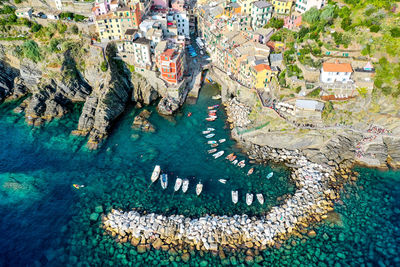 Aerial view of manarola village, cinque terre coast, italy. liguria