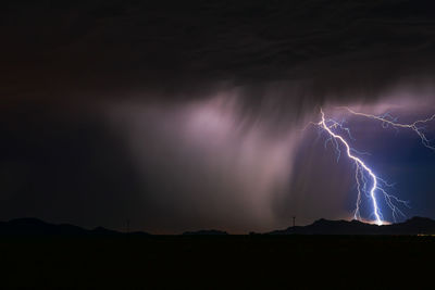 Lightning bolt strike and heavy rain from a strong storm at night.