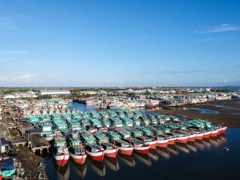 High angle view of boats against clear sky