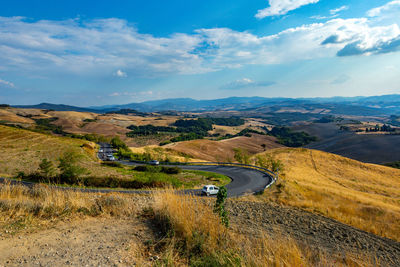 High angle view of car on road against sky