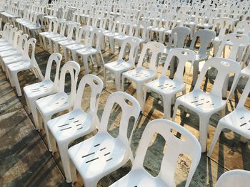 High angle view of chairs in row