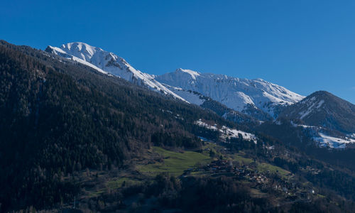 Scenic view of snowcapped mountains against clear sky