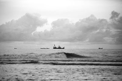 Sunset with beautiful landscape monochrome views of fishing boats in cox's bazar in bangladesh.