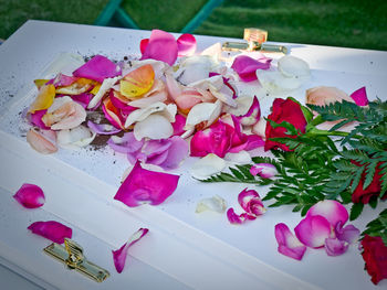 High angle view of pink roses on table