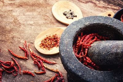 Close-up of red chili pepper on table