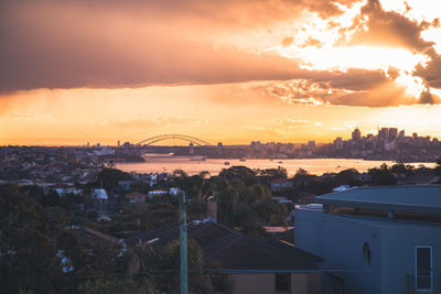 Sydney harbor bridge over river in city during sunset