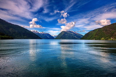 Scenic view of lake and mountains against sky