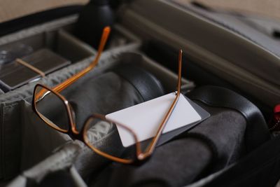 High angle view of eyeglasses on table