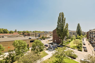 High angle view of townscape against clear sky