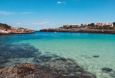 Scenic view of sea against clear blue sky