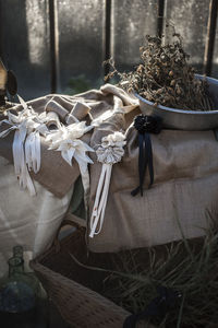 High angle view of wicker basket