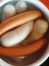 High angle view of hot dog in bowl