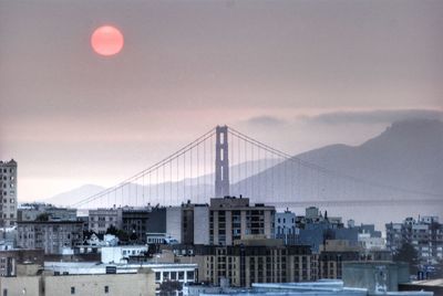 View of suspension bridge in city