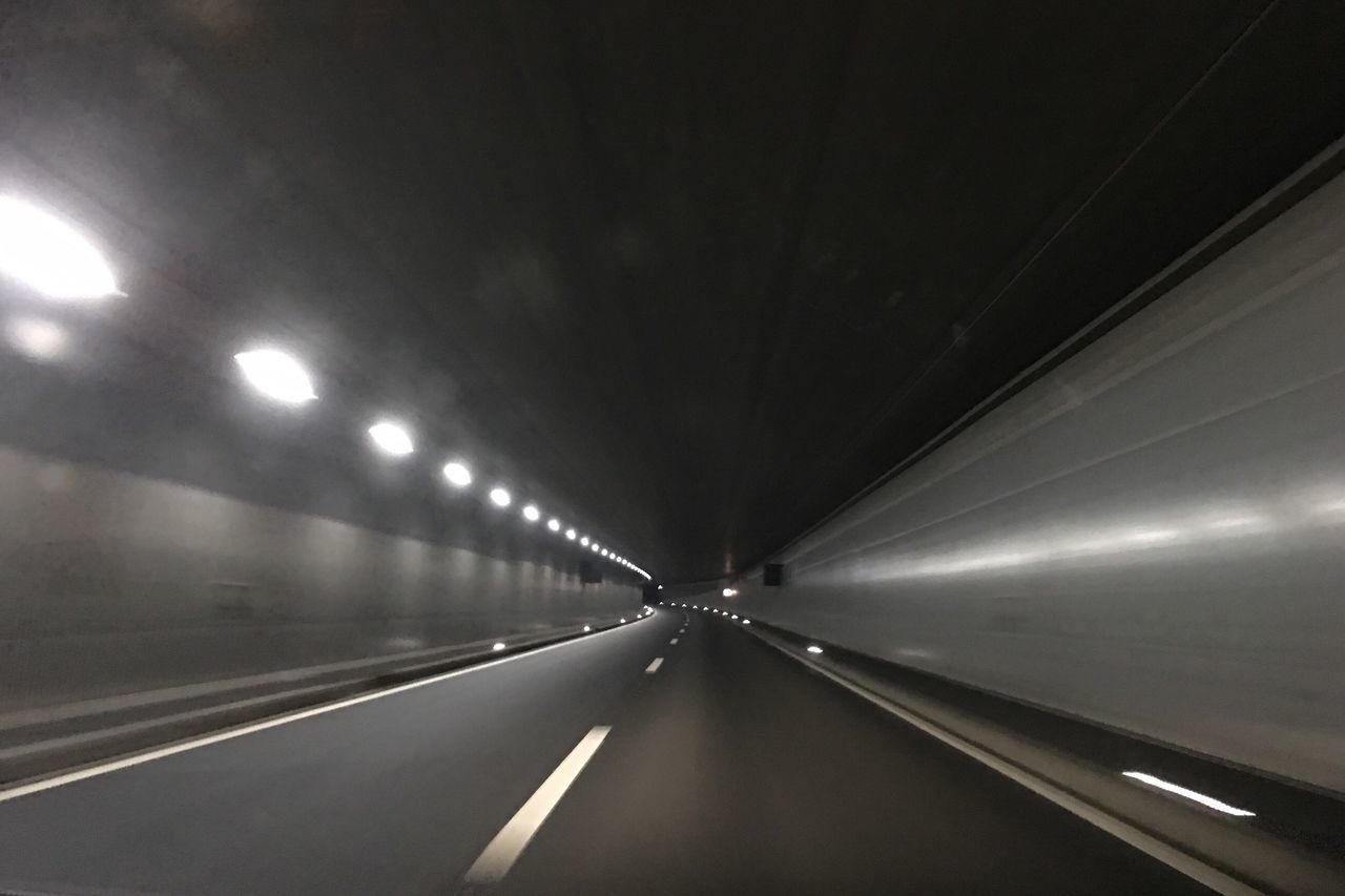 illuminated, no people, tunnel, indoors, road, night