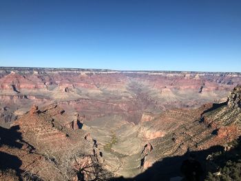 Scenic view of rock formations against clear blue sky