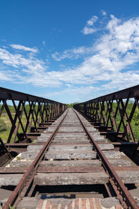 Bridge over railroad tracks against sky