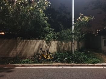 Bicycle parked on street at night