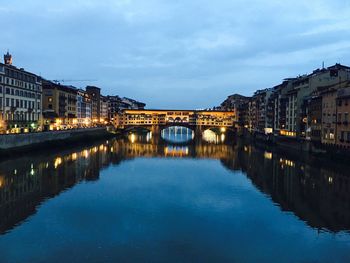 Bridge over canal by river against sky in city