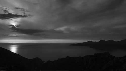 Scenic view of sea and mountains against sky