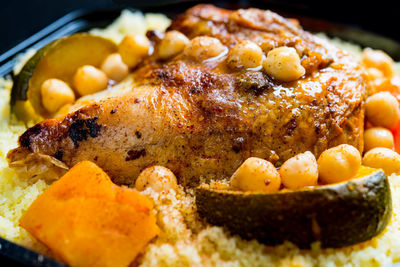 Close-up of couscous served in plate