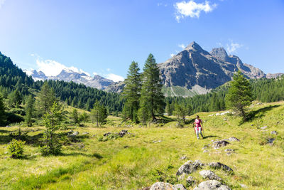 Tourists on snowcapped mountain