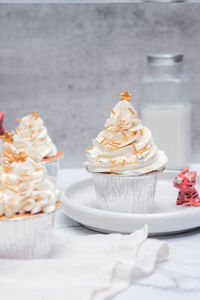 Close-up of cupcake for dessert in plate on table