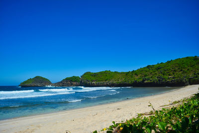 Scenic view of beach against clear blue sky