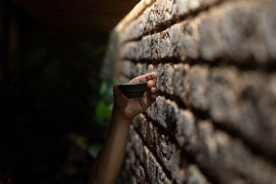 Close-up of hand holding leaf against wall