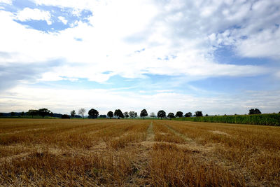 Scenic view of field against cloudy sky