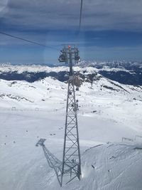 Overhead cable car on snow covered landscape