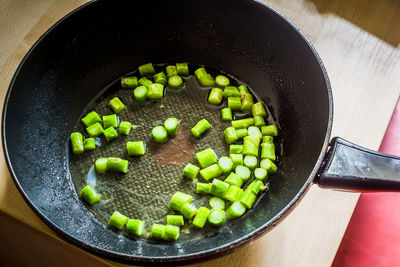 High angle view of vegetables in pan