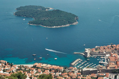 High angle view of buildings and sea