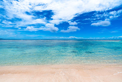 Scenic view of sea against blue sky