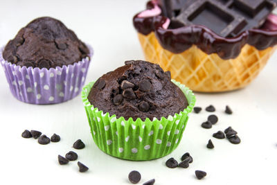 Close-up of cupcakes with chocolate chips