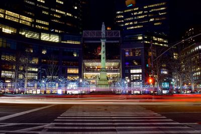 Light trails at columbus circle in city