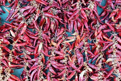 Full frame shot of red chili peppers for sale in market