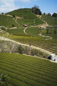 High angle view of farm against sky