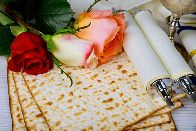 High angle view of roses on table