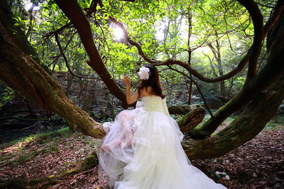 Rear view of bride sitting on tree at forest