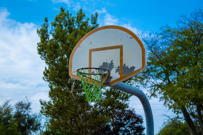 Low angle view of basketball hoop against sky