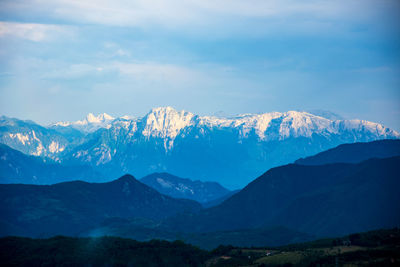 Scenic view of snowcapped mountains against sky