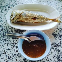 High angle view of breakfast on table