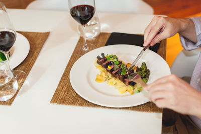 Close-up of food served on table