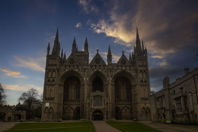 Sunset over the cathedral church of st peter, st paul and st andrew in peterborough, uk